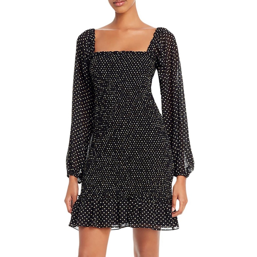NWT (XS) (L) WAYF black ditsy smock ruffle hem body smock sheath dbl square neck